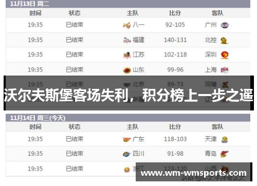 沃尔夫斯堡客场失利，积分榜上一步之遥